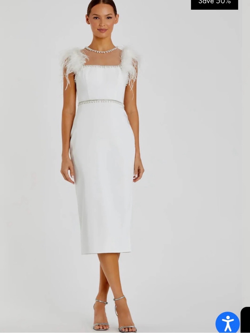 Mac Duggal Elegant White Feather-Trim Midi Dress